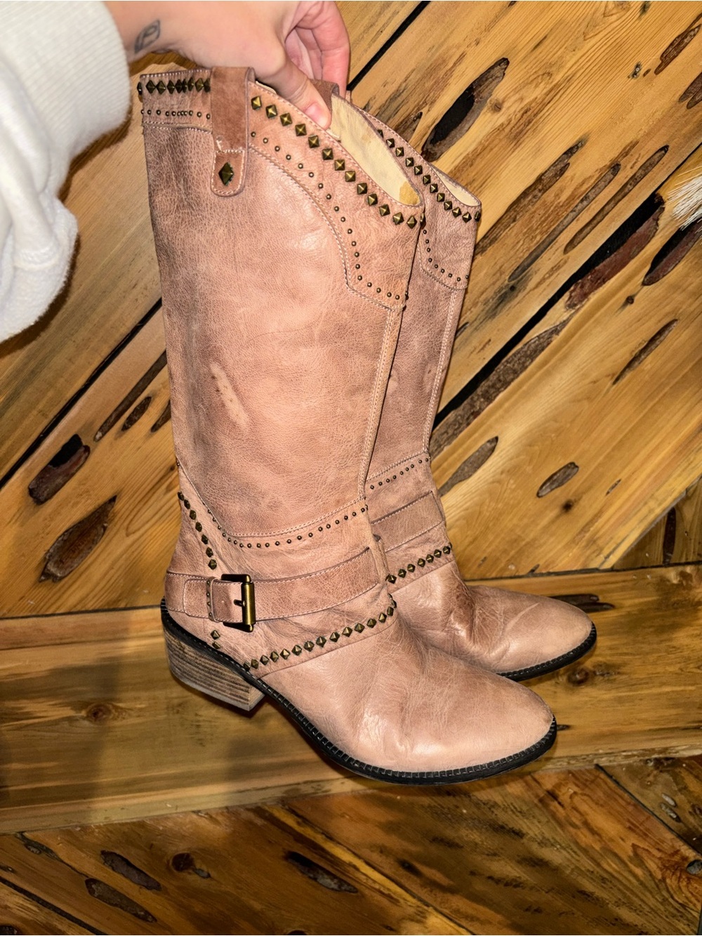 b. makowsky Pink-Tan Studded Western Boots